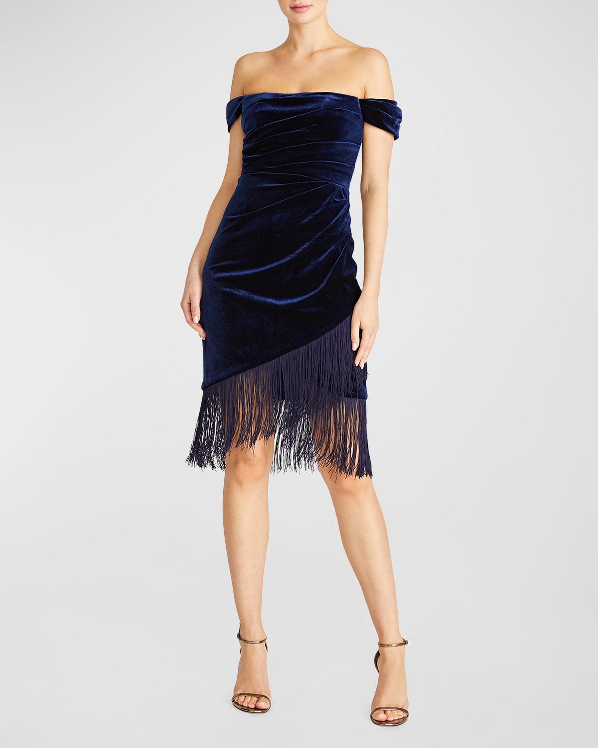 Melissa Off-Shoulder Fringe Velvet Midi Dress Product Image