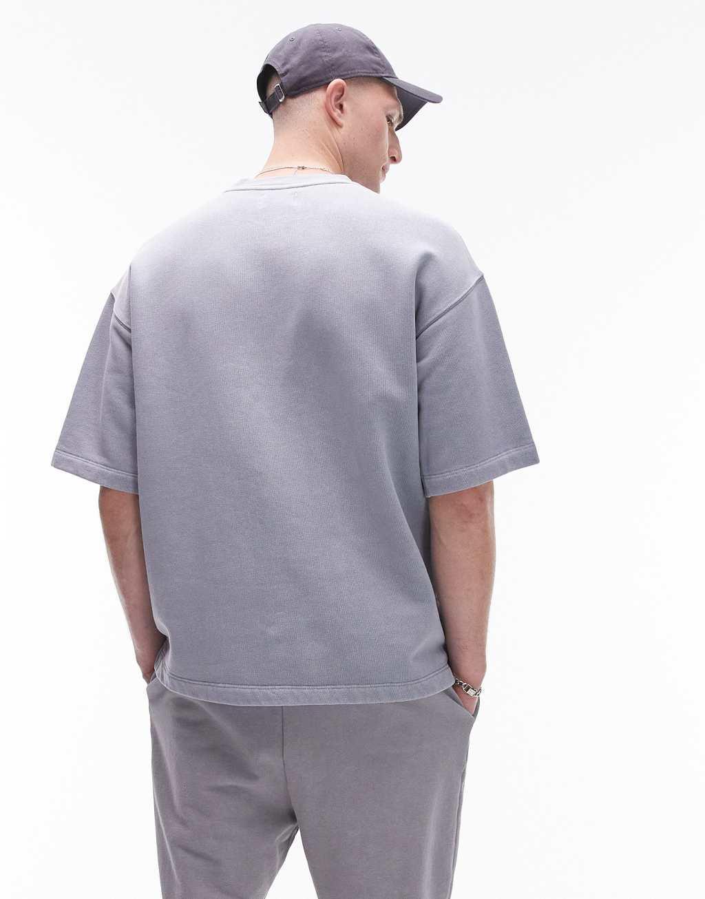 Topman oversized fit short sleeve sweatshirt in washed light gray Product Image