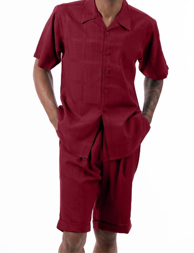 Burgundy Tone on Tone Windowpane Walking Suit 2 Piece Short Sleeve Set with Shorts Product Image