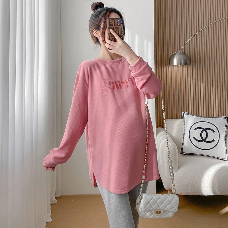 Maternity Crew Neck Lettering Print Sweatshirt / Leggings / Set Product Image