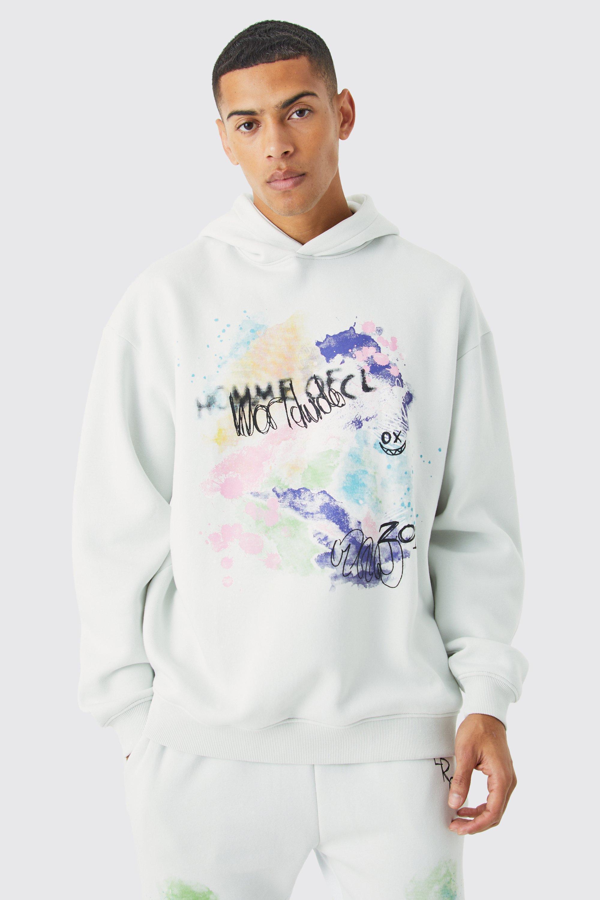 Oversized Graffiti Printed Hoodie | boohooMAN USA Product Image