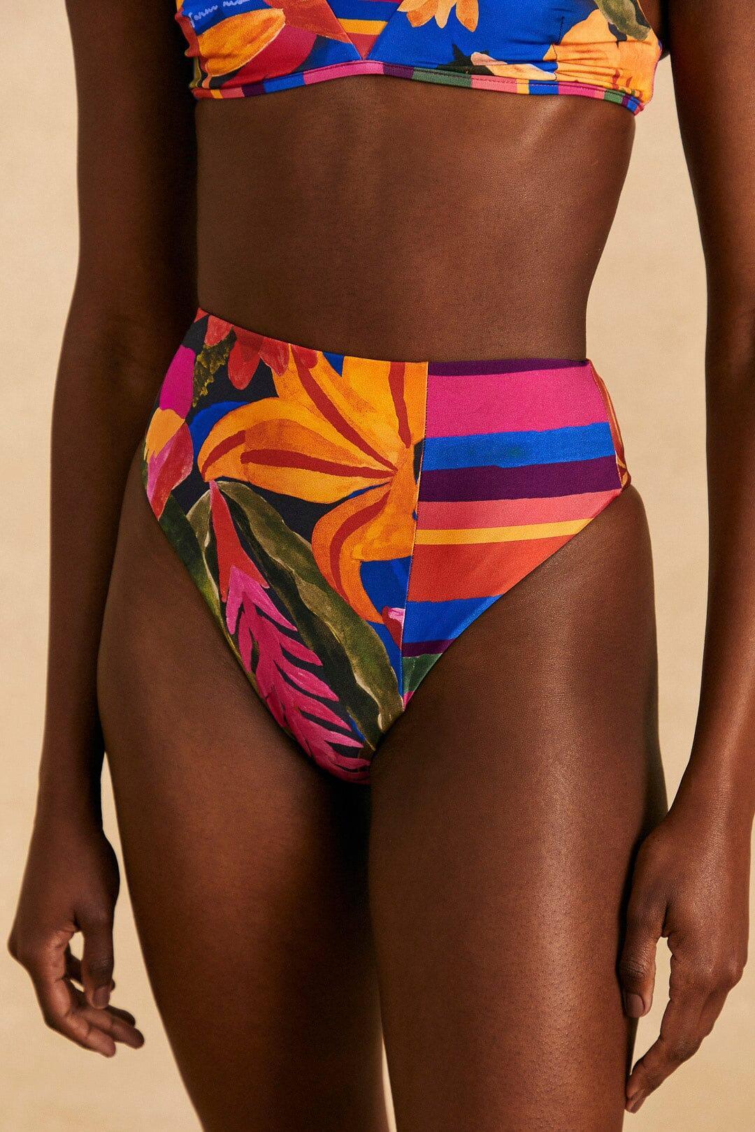 Blue Floral Tropical & Colorful Stripes High Waisted Bikini Bottom Product Image