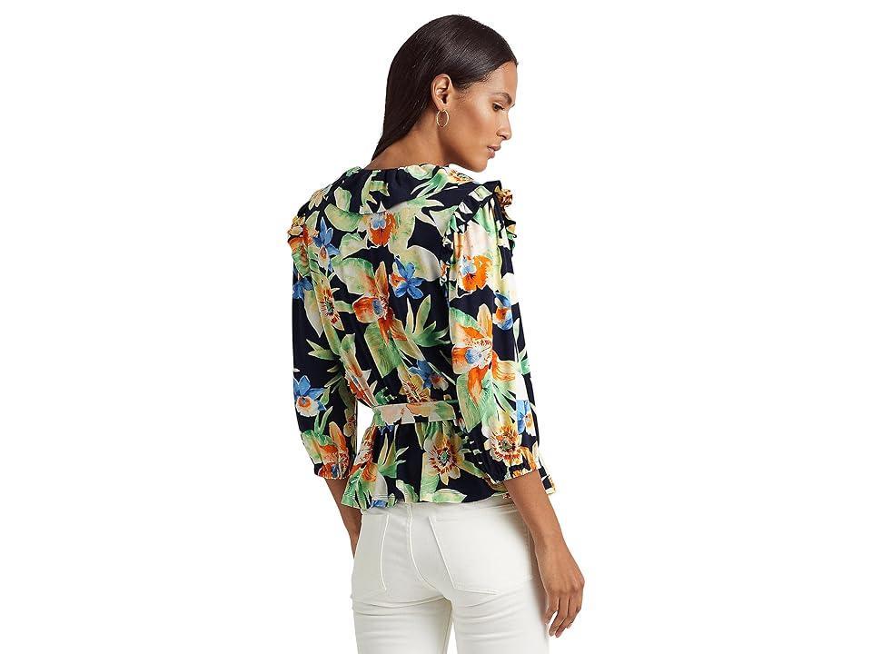 LAUREN Ralph Lauren Petite Floral Jersey Belted Peplum Top (Navy Multi) Women's Clothing Product Image