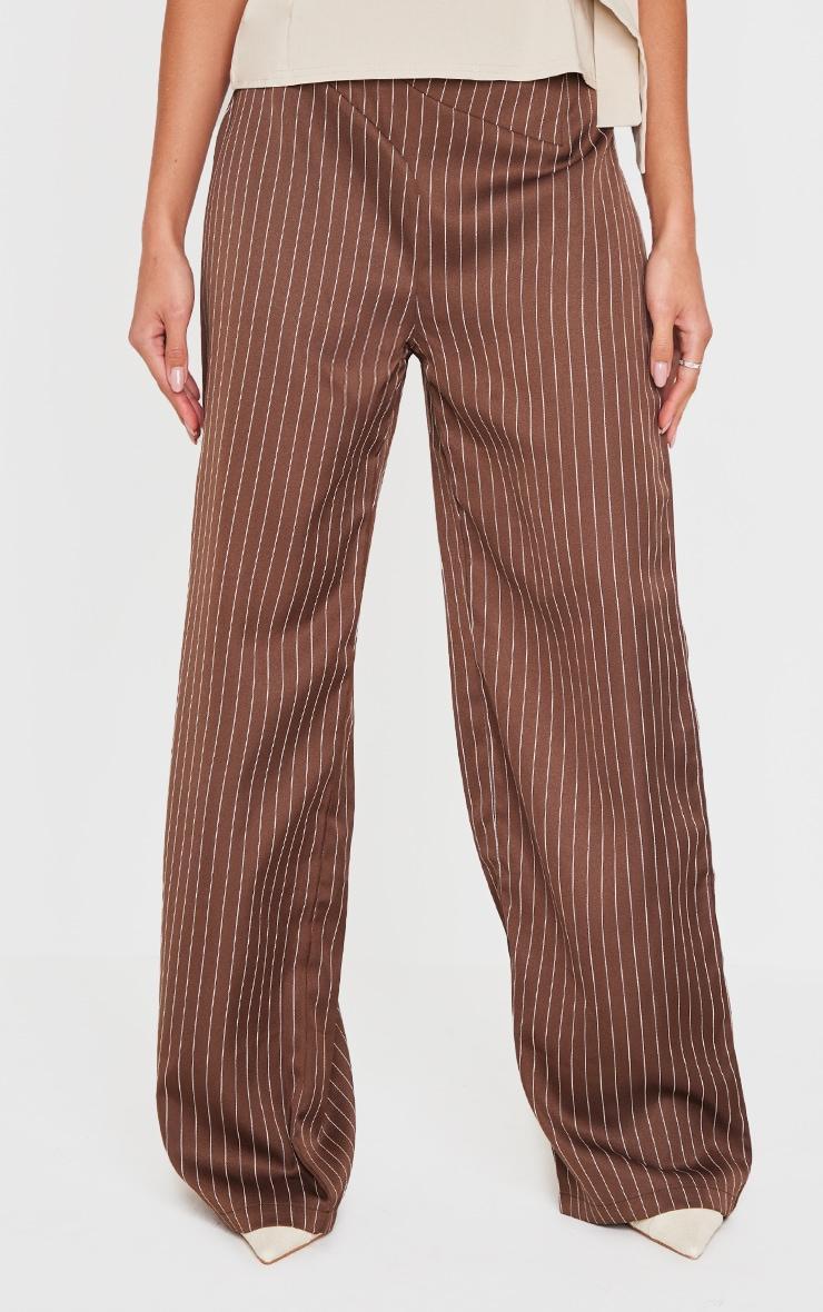 Chocolate Pinstripe Dipped Waist Straight Leg Pants Product Image