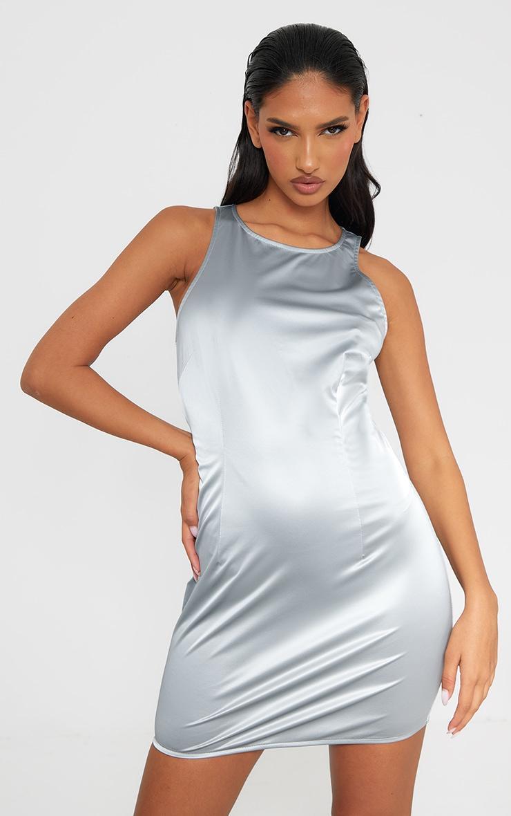 Silver Matte Vinyl Racer Neck Bodycon Dress Product Image