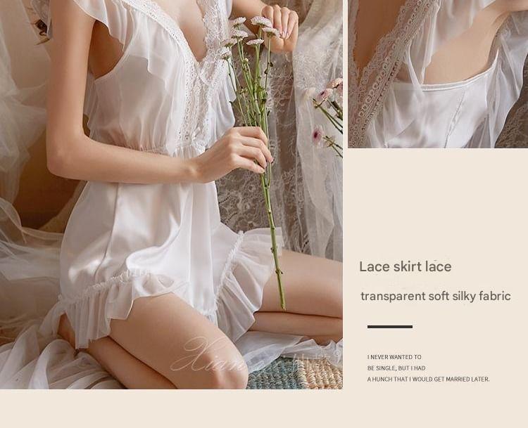 Sleeveless V-Neck Plain Lace Panel Nightdress Product Image