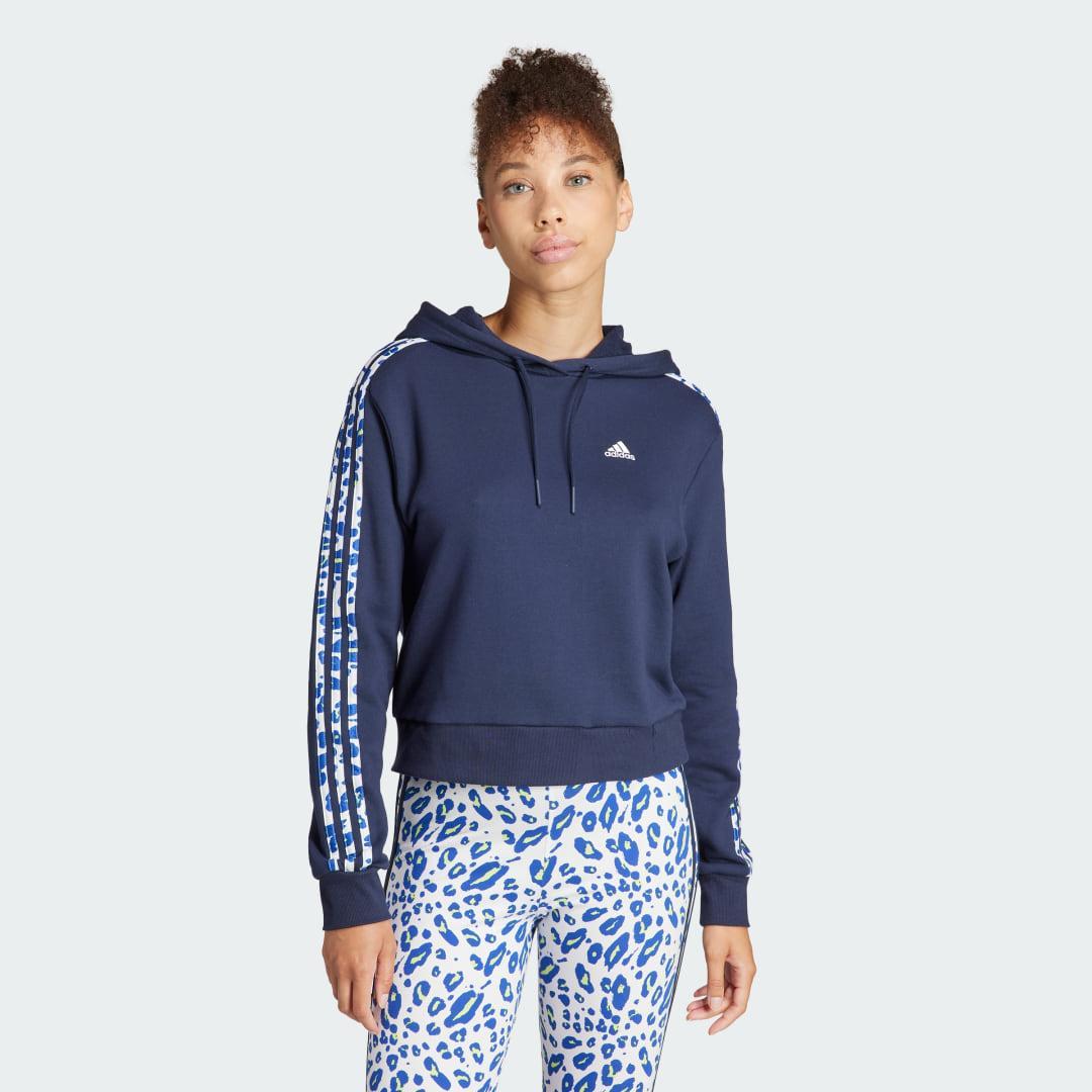 adidas Essentials 3-Stripes Animal Print Relaxed Hoodie Legend Ink XS Womens Product Image