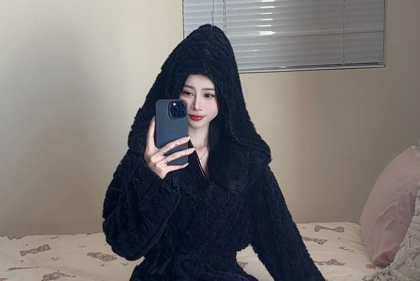 Plain Hooded Fleece Sashed Midi Robe Product Image