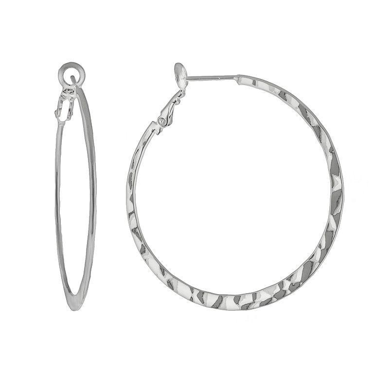 Silver Plated Hammered Hoop Earrings, Womens Product Image