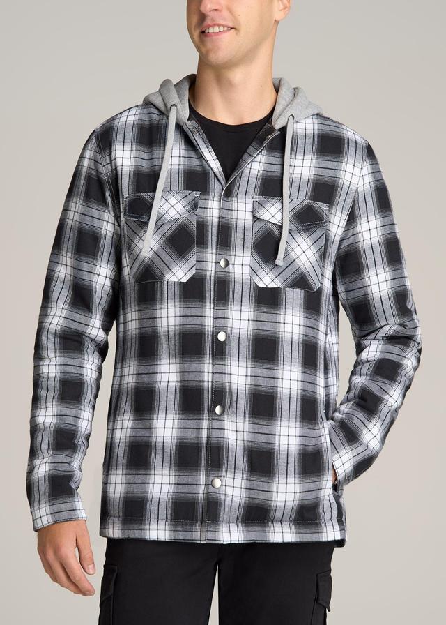 Hooded Flannel Shirt Jacket for Tall Men in Black & White Plaid Male Product Image