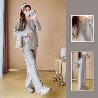 Maternity Pajama Set: Long-Sleeve Henley Drawstring T-Shirt + Wide Leg Pants Product Image