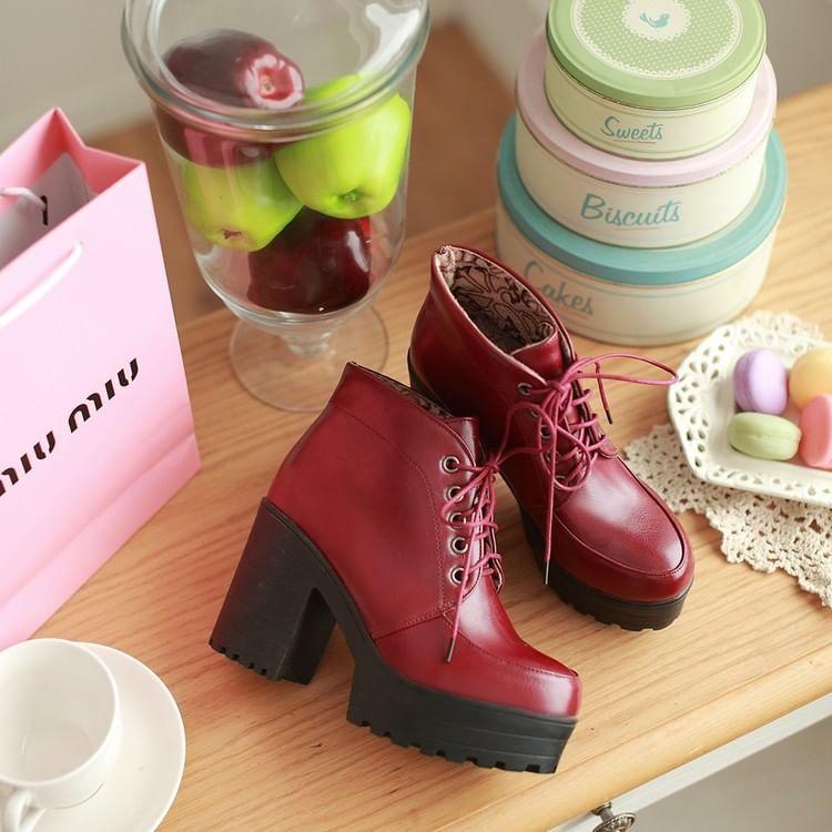 Block Heel Lace-Up Ankle Boots Product Image