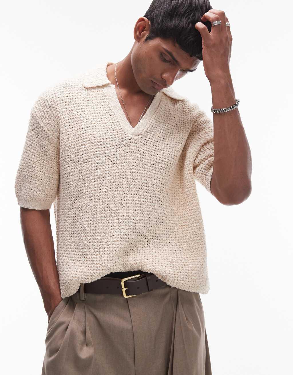 Topman knitted cotton revere polo in stone Product Image