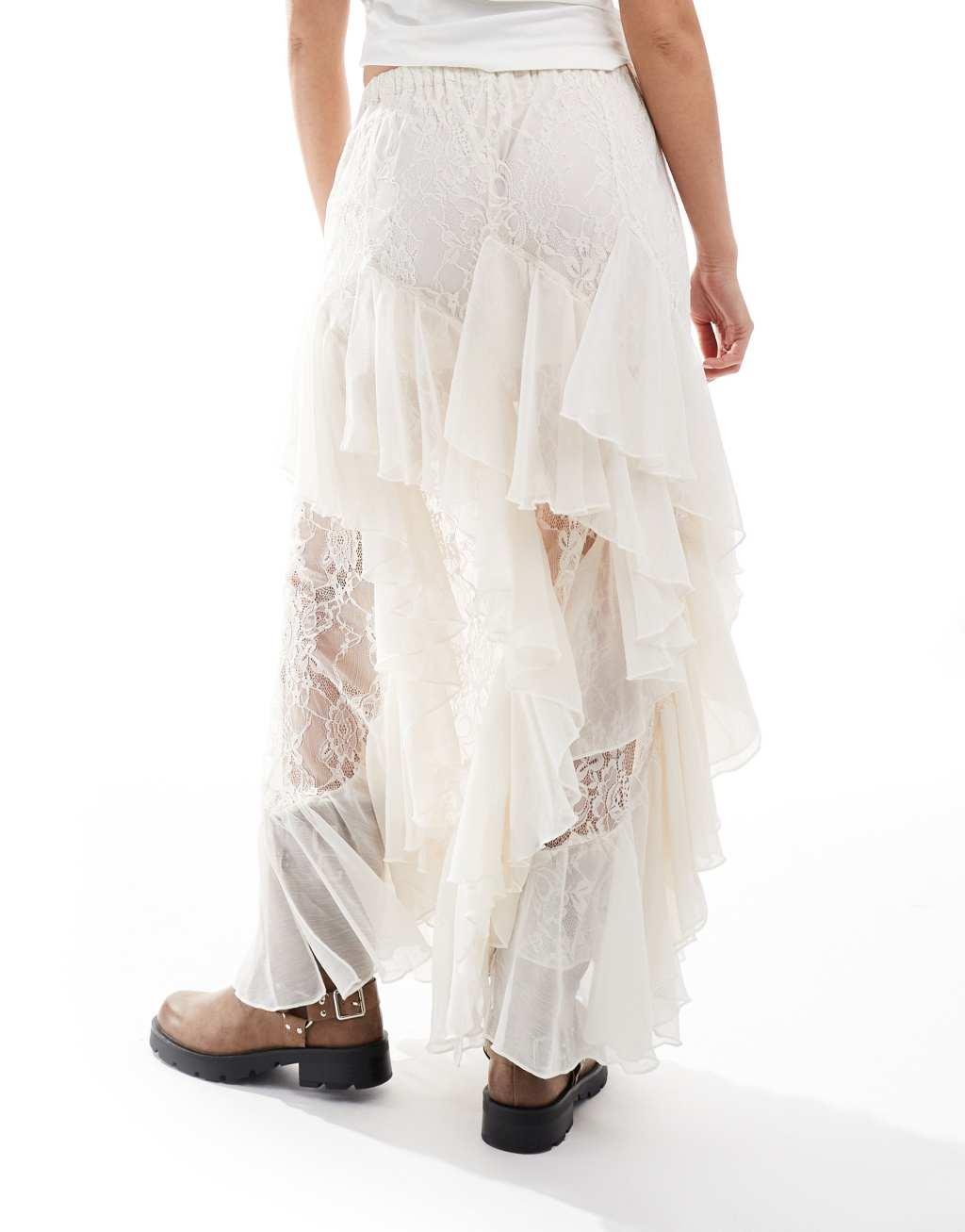 Miss Selfridge lace and chiffon mix maxi skirt in ivory Product Image