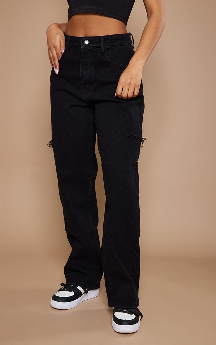 Washed Black Thigh Split Baggy Boyfriend Jeans Product Image