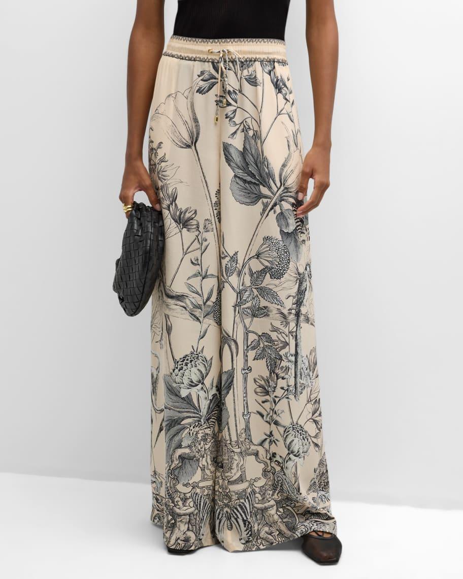 Floral Silk Straight Wide-Leg Pants Product Image