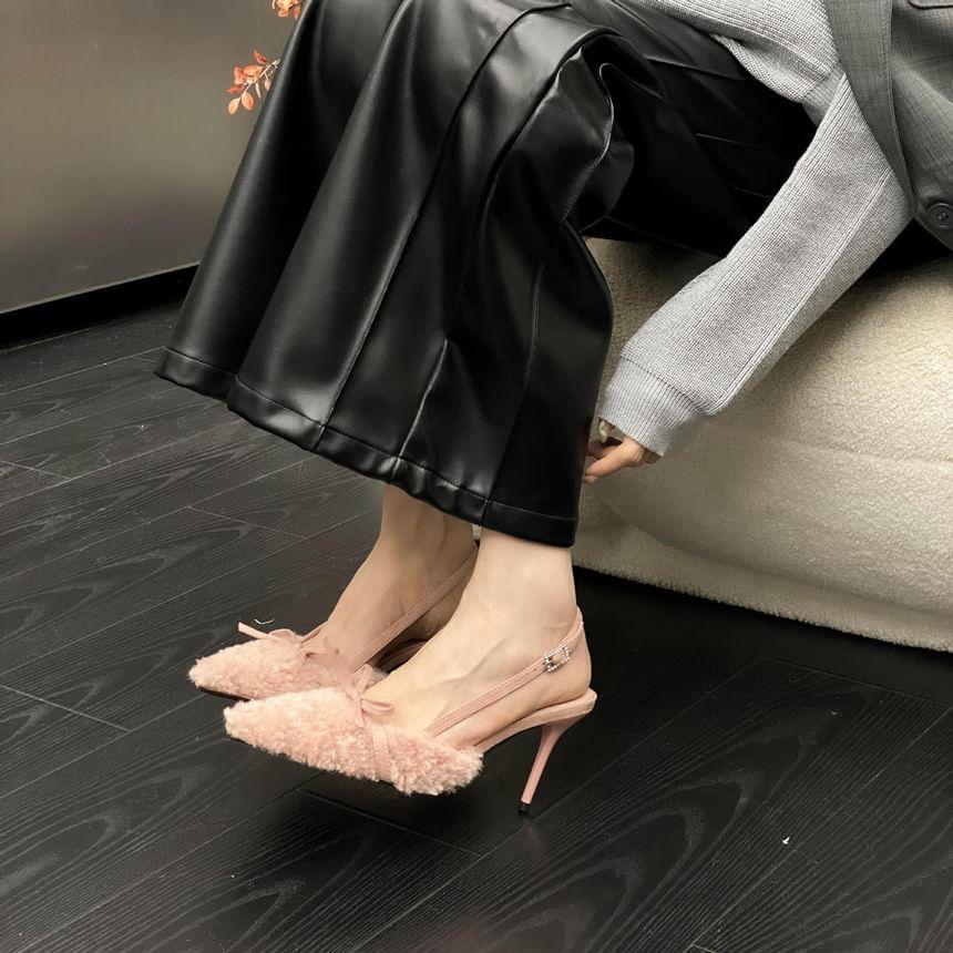 Stiletto Pointed Toe Plain Bow Accent Fleece Slingback Sandals Product Image