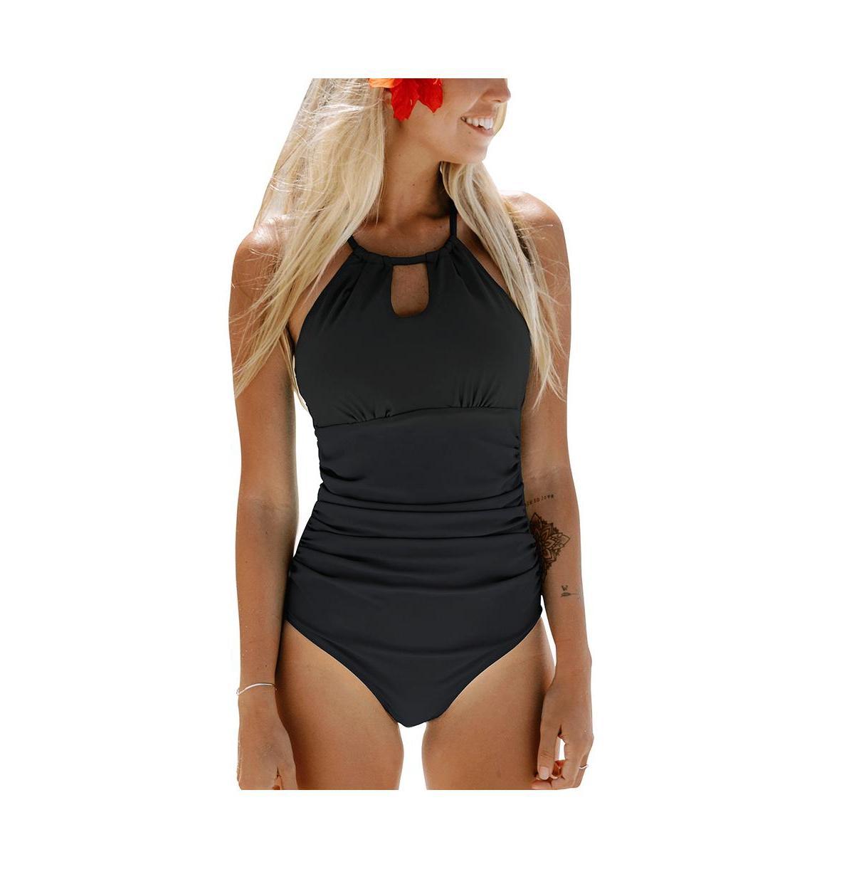 Womens CUPSHE Tummy Control Cutout High Neck One-Piece Swimsuit Black Product Image