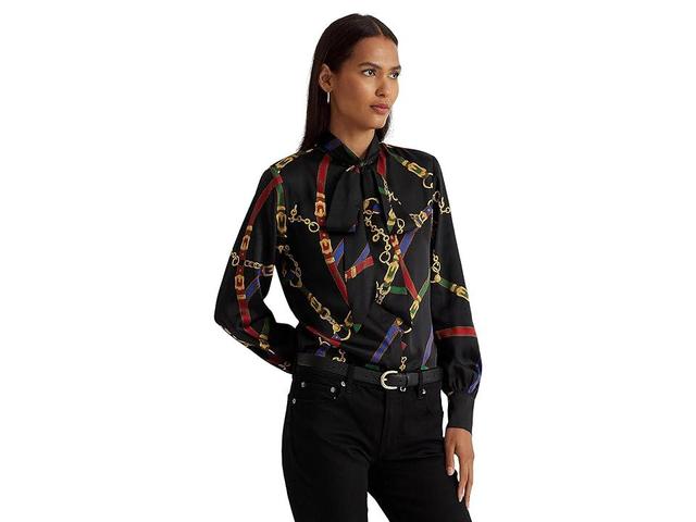 Lauren Ralph Lauren Petite Belting-Print Twill Tie-Neck Blouse (Black/Blue ) Women's Clothing Product Image