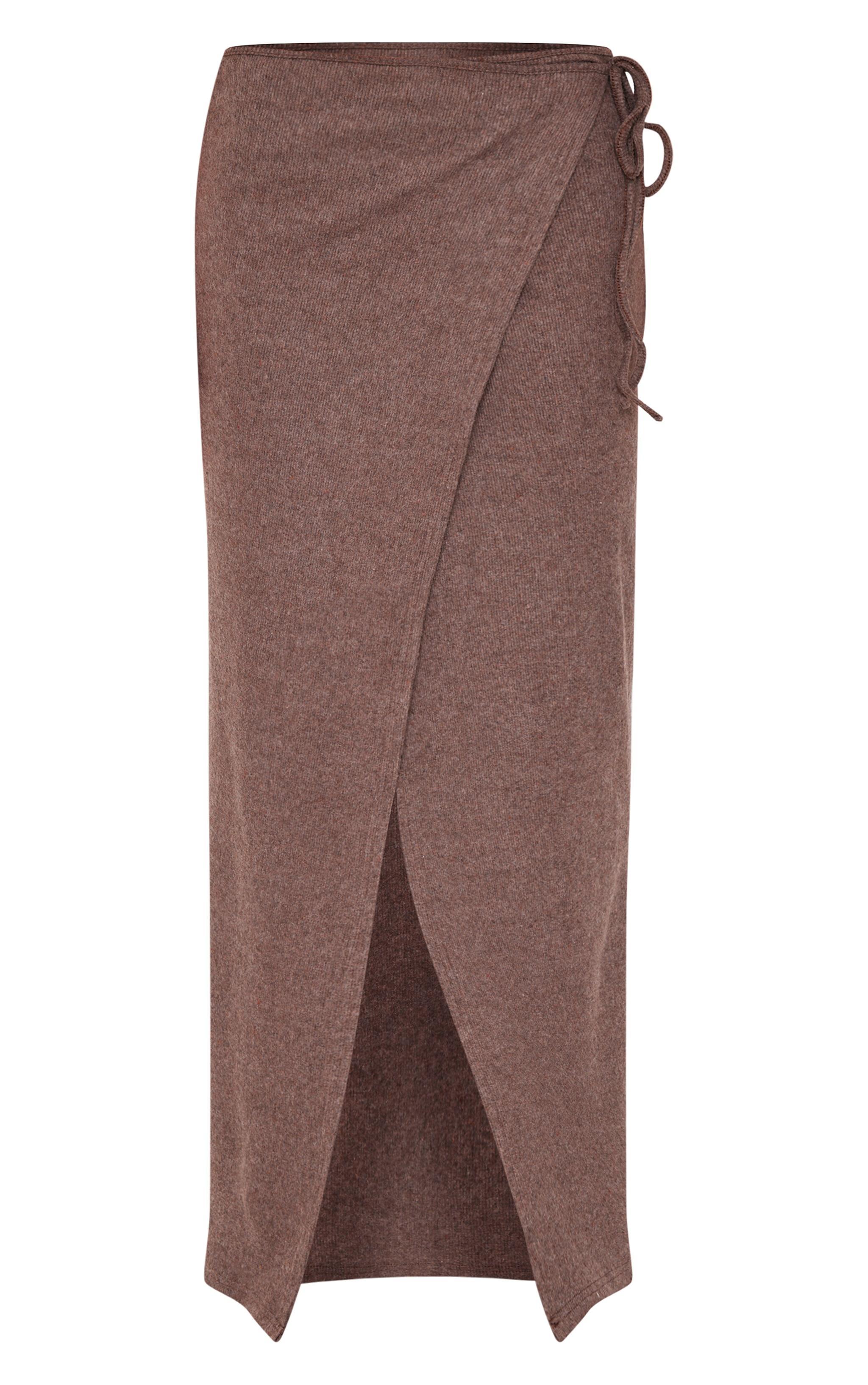 Chocolate Brown Soft Rib Wrap Front Maxi Skirt Product Image