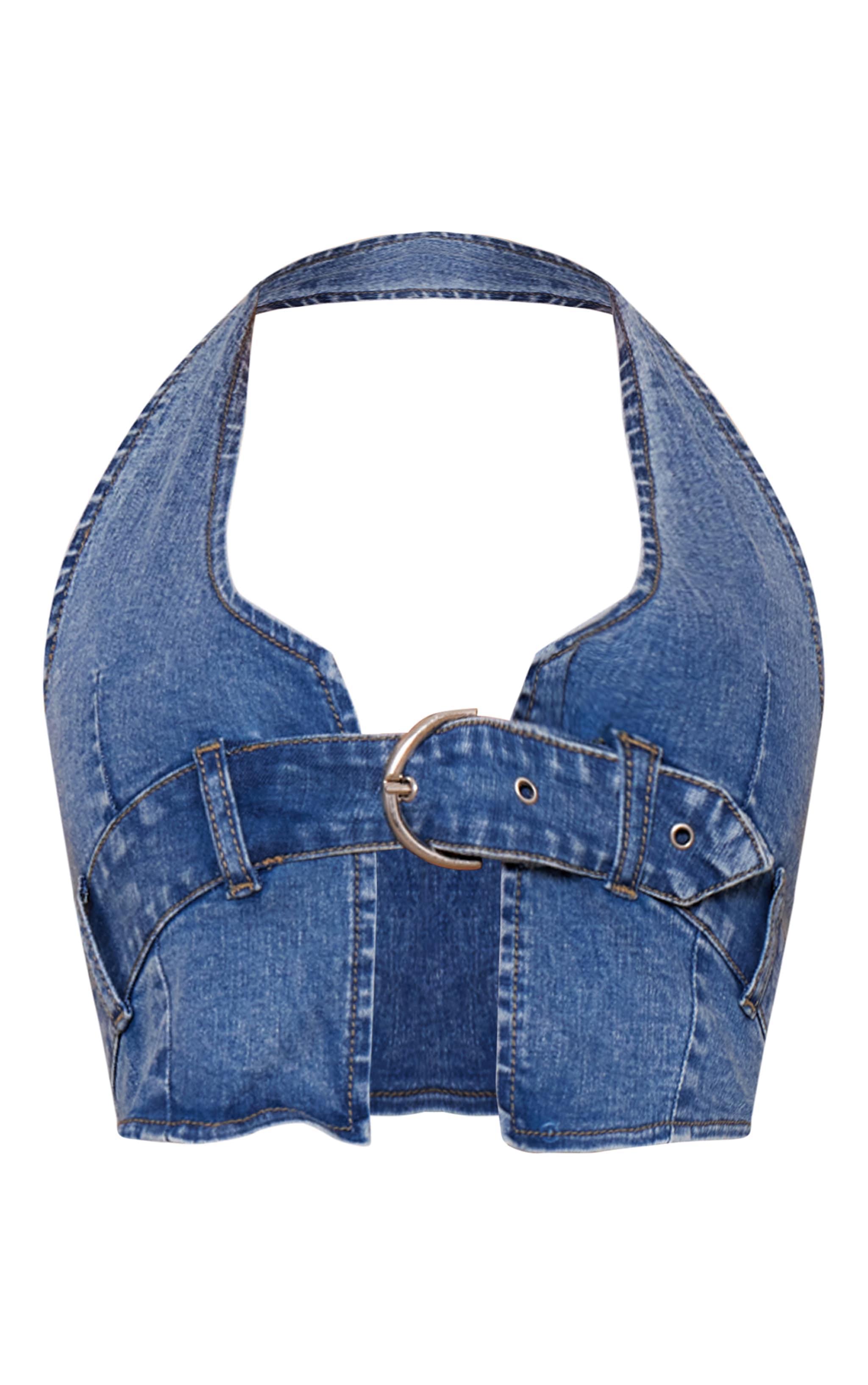 Mid Blue Wash Buckle Plunge Denim Top Product Image