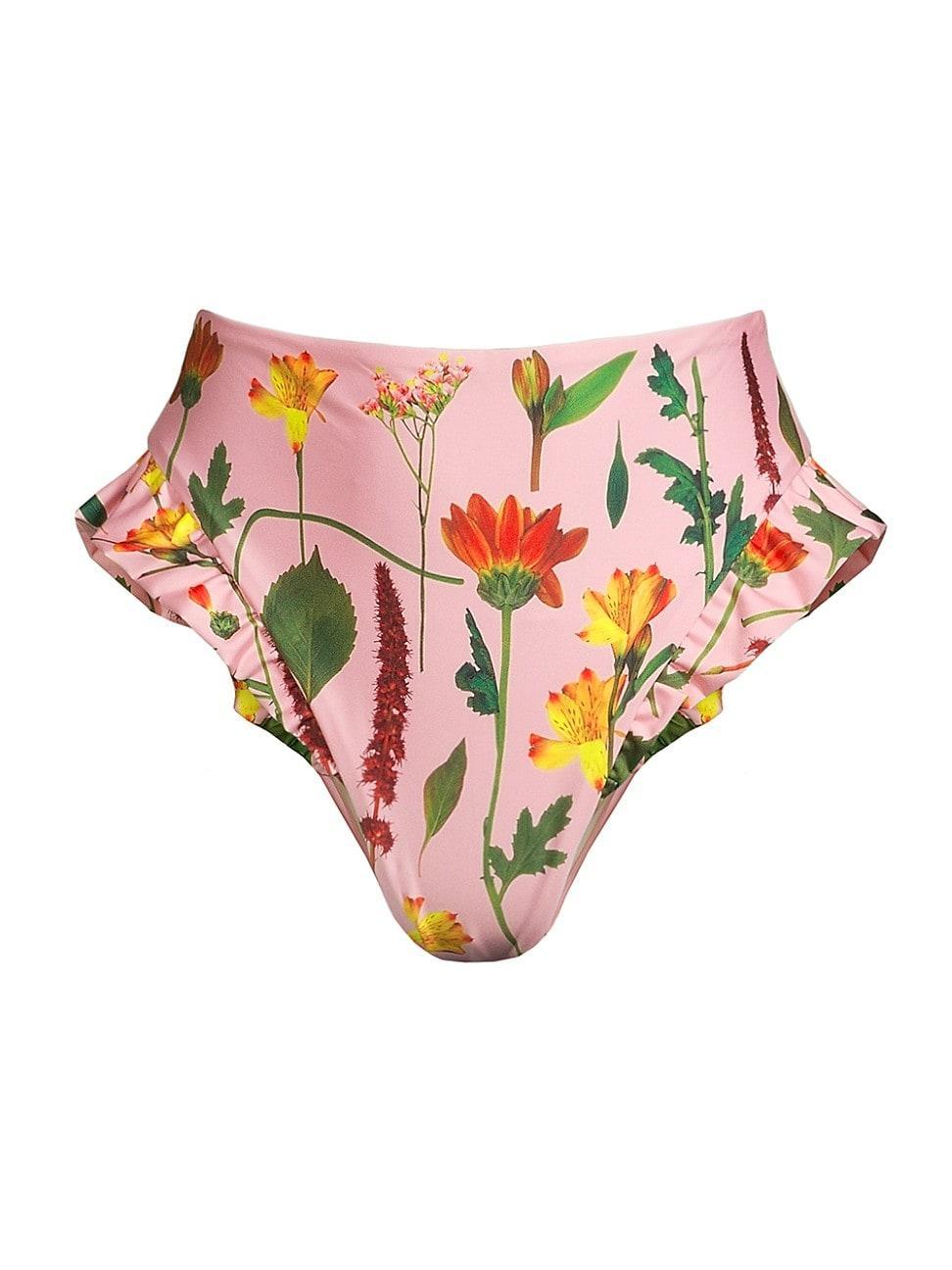 Womens High-Waisted Floral Bikini Bottom - Pink - Size Large - Pink - Size Large Product Image