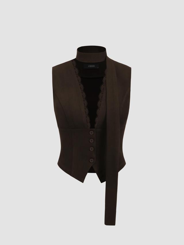 V-neck Solid Lace Trim Blazer Vest With Scarf Product Image