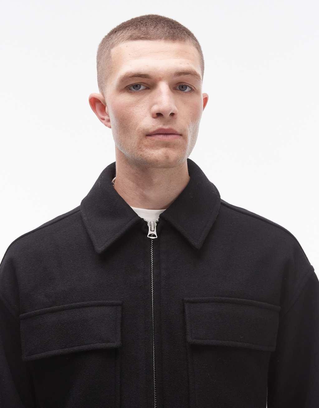 Topman double faced shacket in black Product Image