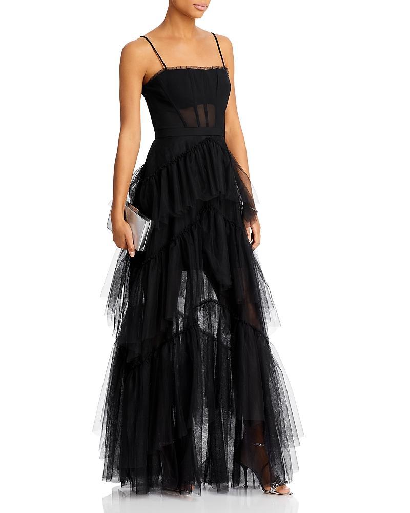 Womens Sheer Tiered Ruffle Gown Product Image