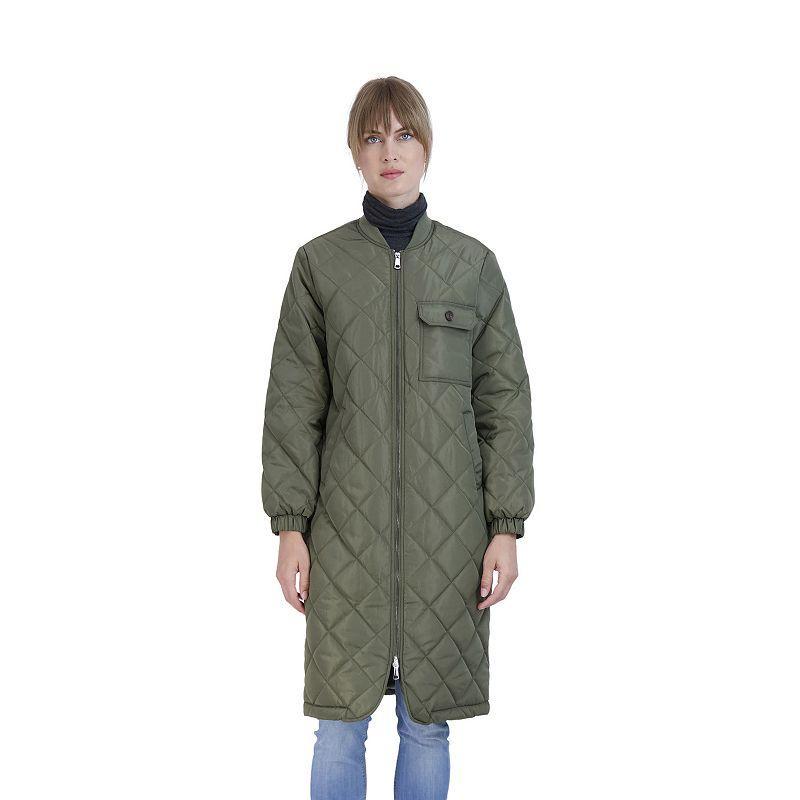 Womens Sebby Collection Quilted Long Jacket Green Product Image