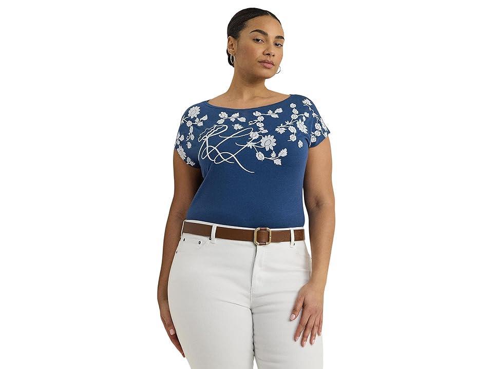 LAUREN Ralph Lauren Plus-Size Floral-Embroidered Jersey Tee (Indigo Dusk/White) Women's Clothing Product Image