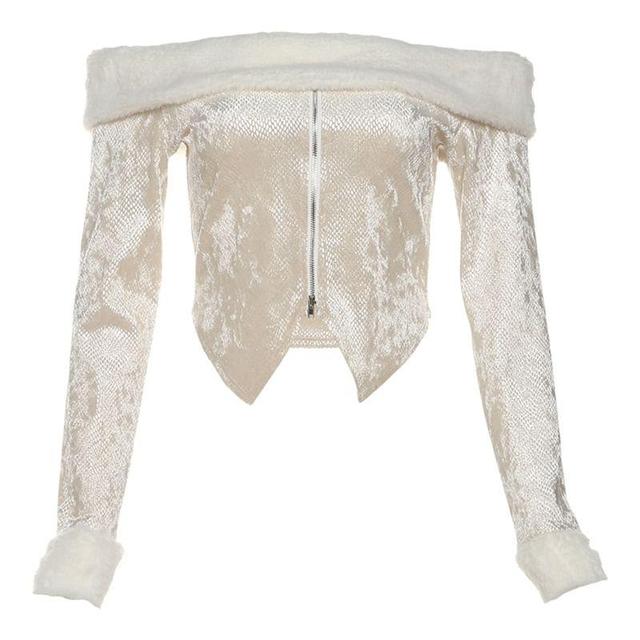 Long Sleeve Off-Shoulder Furry-Trim Zip-Up Slim-Fit Top / Low Rise Mini Pencil Skirt Product Image