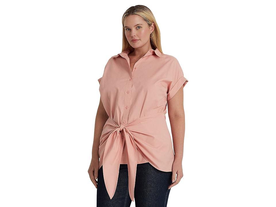 Lauren Ralph Lauren Plus Size Tie-Front Cotton Broadcloth Shirt (Rose Tan) Women's Clothing Product Image