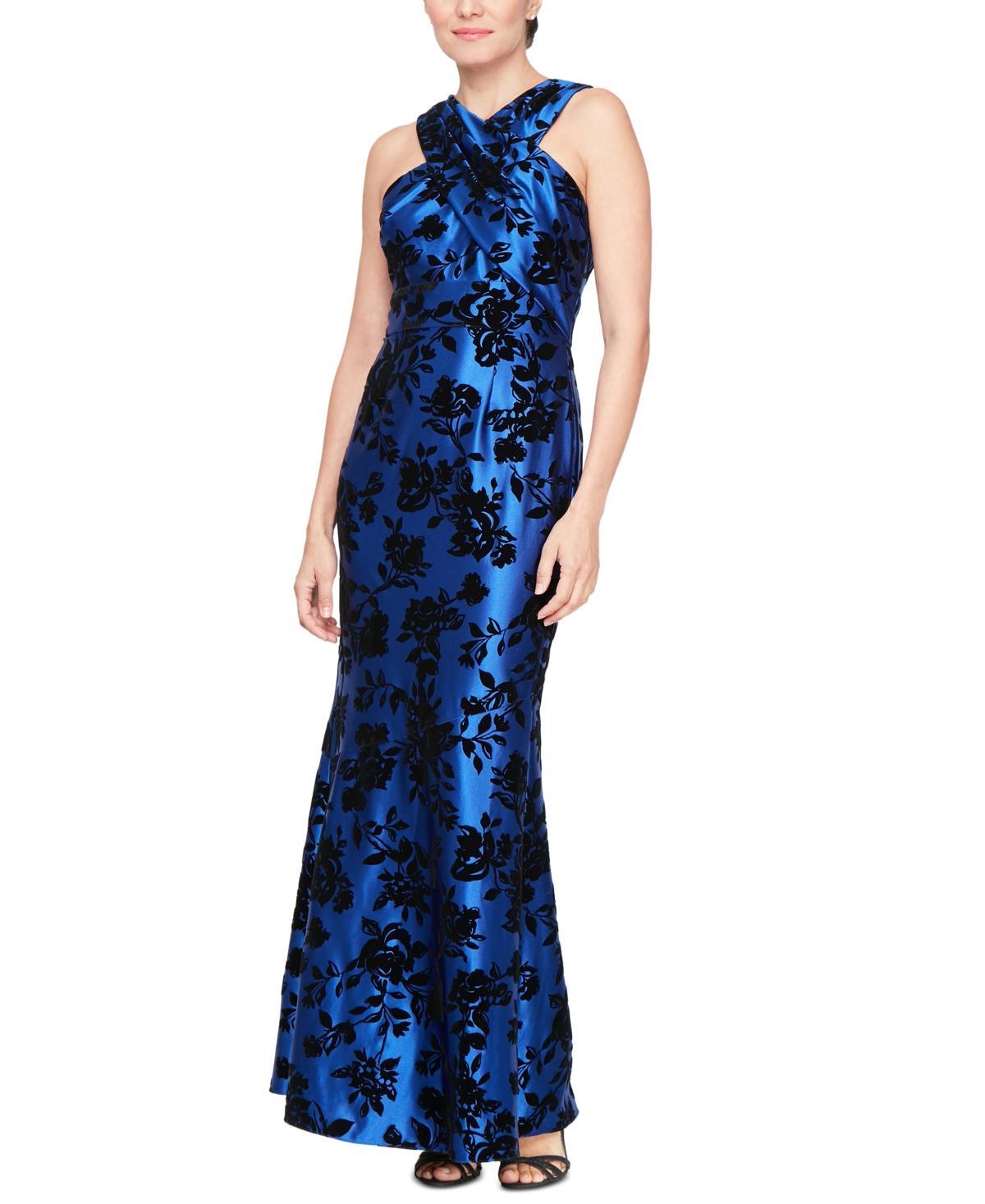 Sl Fashions Petite Womens Flocked Velvet Halter Gown - Royal Product Image