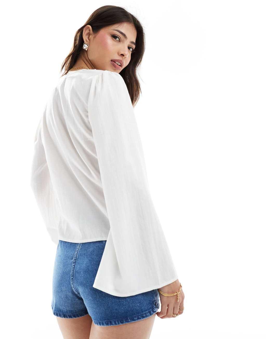 ASOS DESIGN lace insert long sleeve smock top in white Product Image