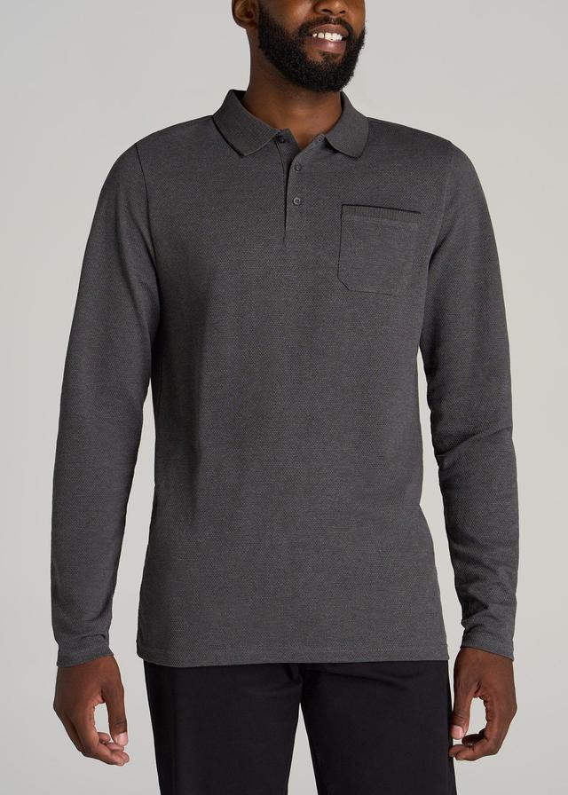 Long Sleeve Polo Shirt for Tall Men in Charcoal Mix & Black Product Image