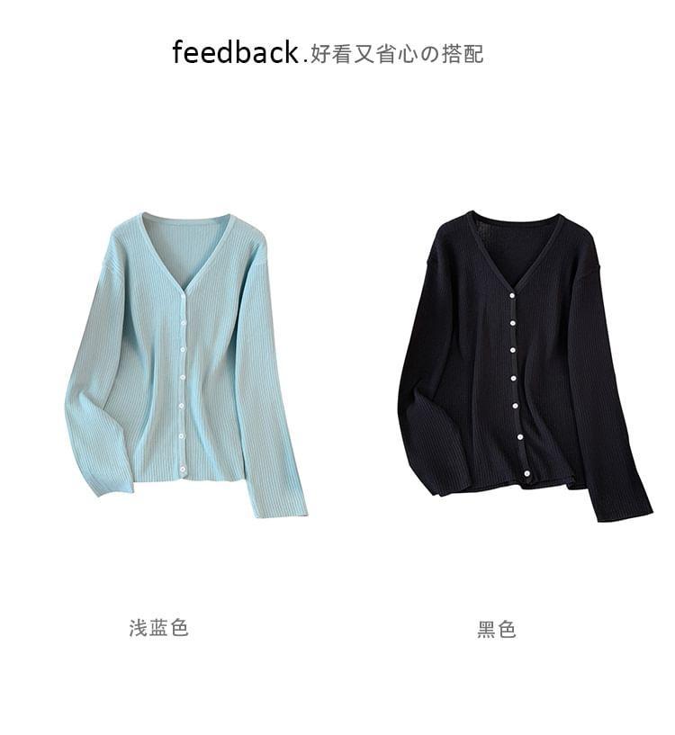 V-Neck Plain Button-Up Cardigan Product Image