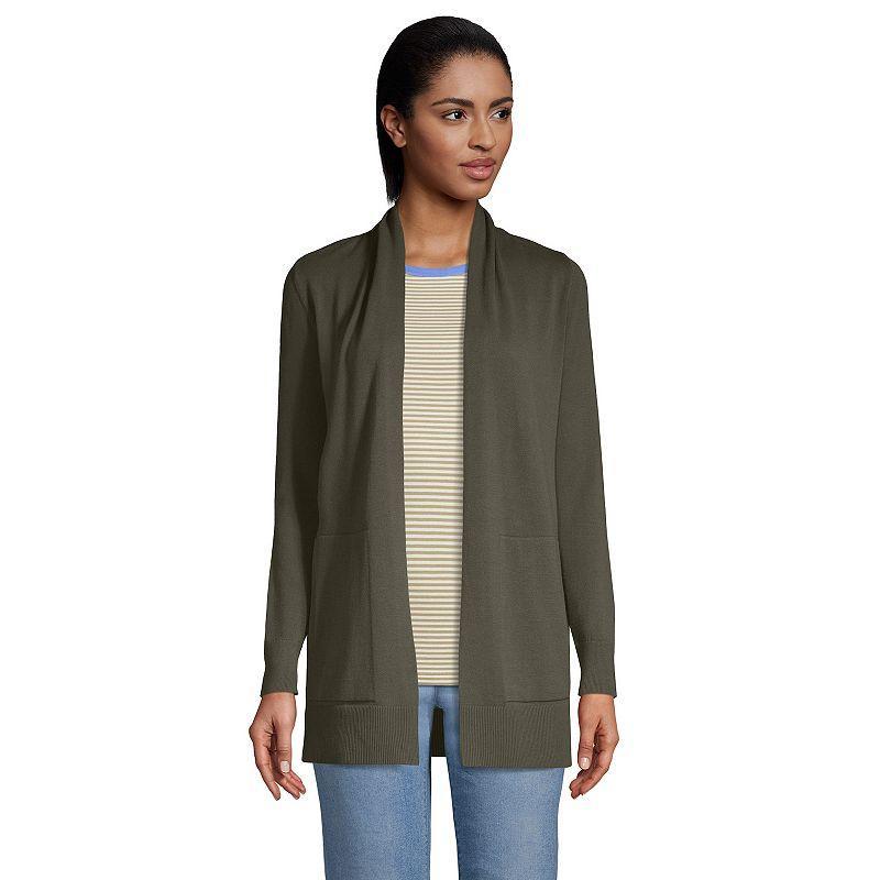 Petite Lands End Open-Front Long Cardigan Sweater, Womens Green Moss Product Image