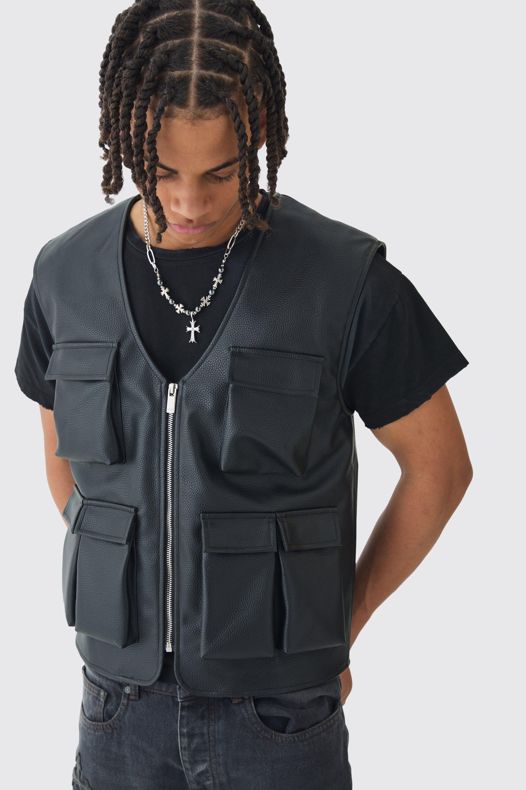 Mens PU Utility Vest In Black, Black Product Image