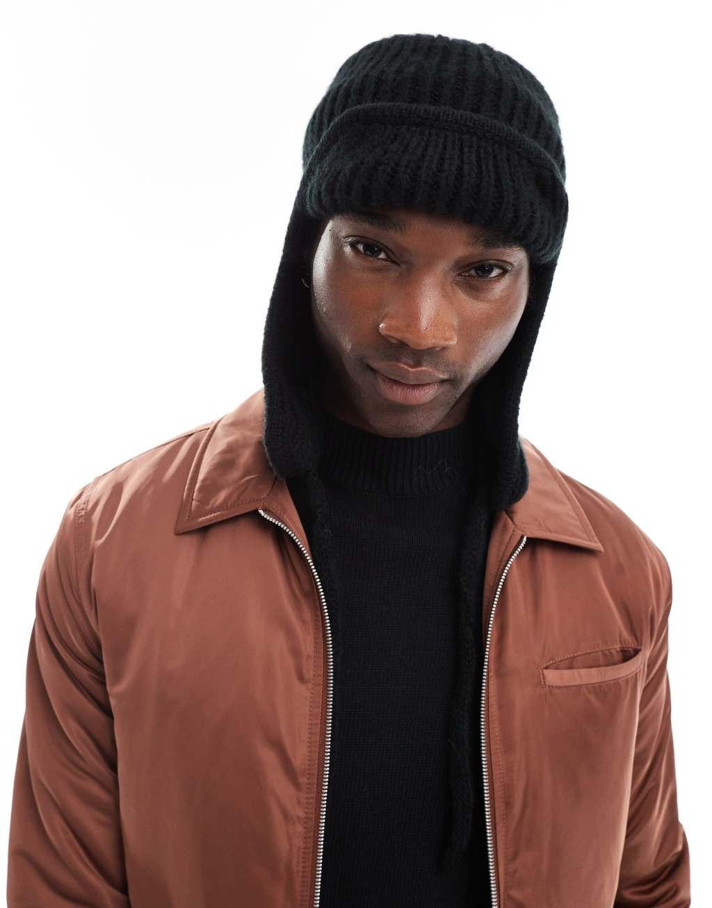 ASOS DESIGN knitted trapper hat in black Product Image