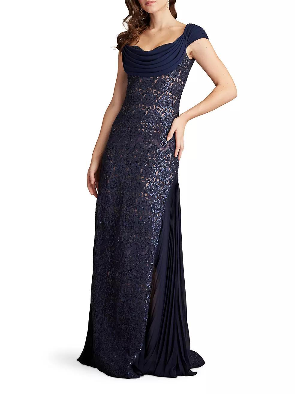 Sequined Lace Draped A-Line Gown Product Image