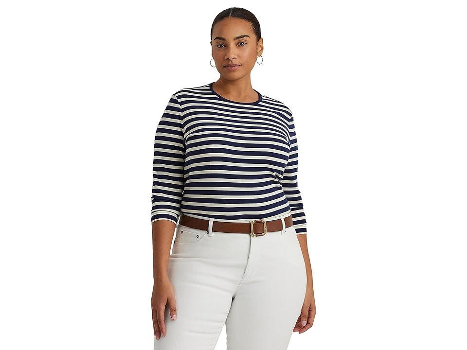 LAUREN Ralph Lauren Plus-Size Striped Cotton Long-Sleeve Tee (Refined /Mascarpone Cream) Women's Clothing product image