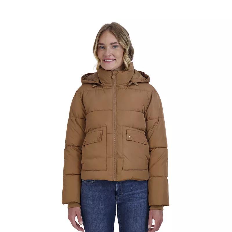 Juniors Sebby Contrast Hooded Puffer Coat, Womens Brown Product Image