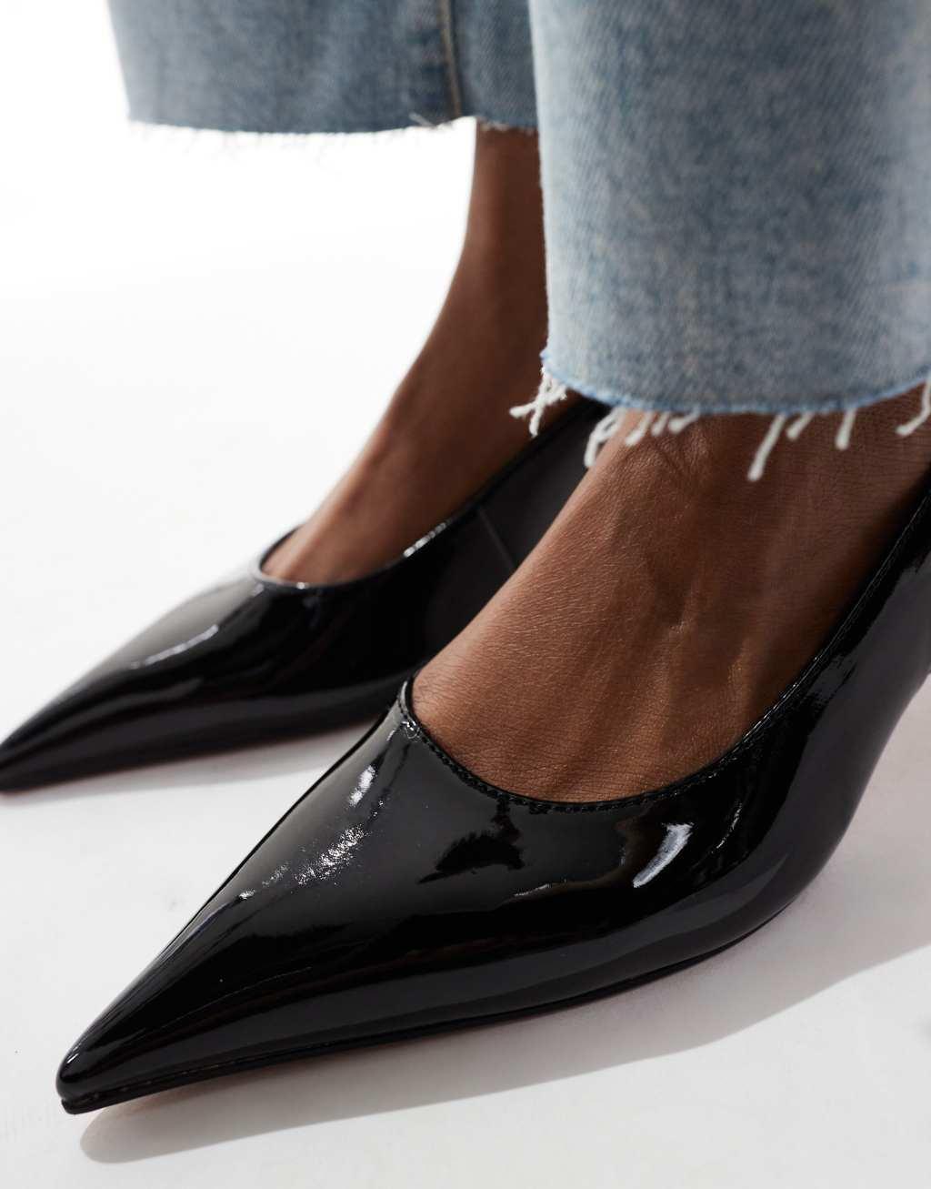 ASOS DESIGN Stroll slingback mid heel shoes in black patent Product Image