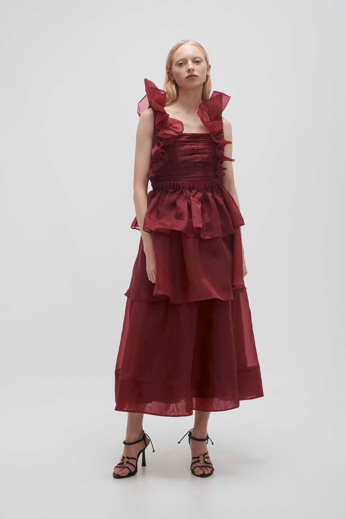 Asra Pleated Frill Midi Dress Product Image