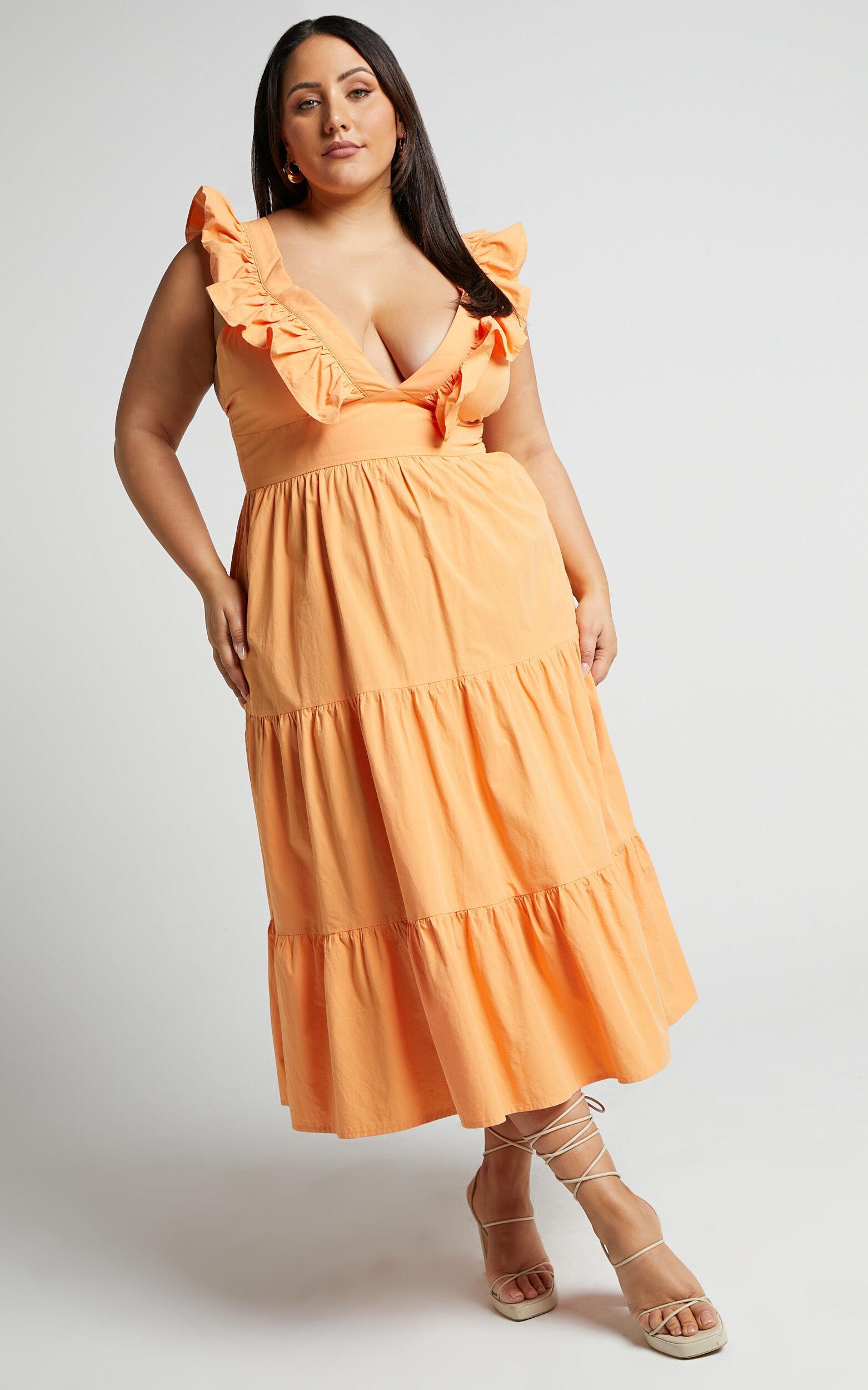 Levona Midi Dress - Ruffle Shoulder Tiered Dress in Orange Product Image