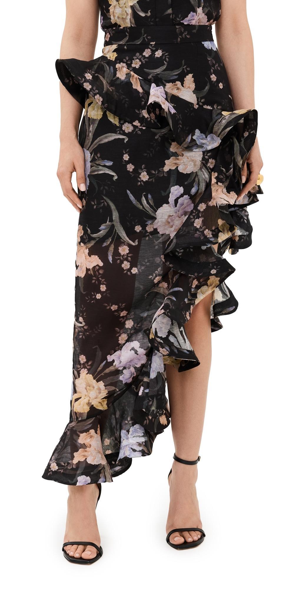 ZIMMERMANN Eden Waterfall Asymmetric Ruffled Floral-print Linen And Silk-blend Midi Skirt In Multi Product Image