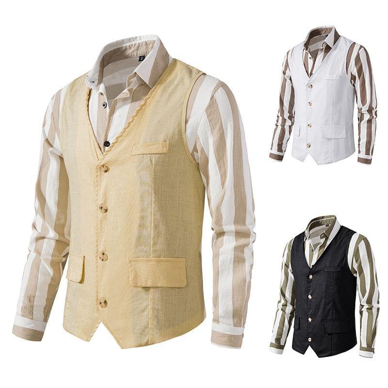 V-Neck Plain Button Vest Product Image