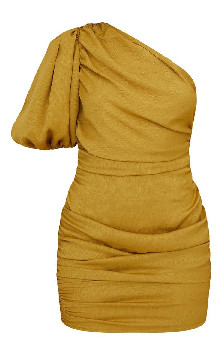 Olive Chiffon One Shoulder Puff Sleeve Bodycon Dress Product Image