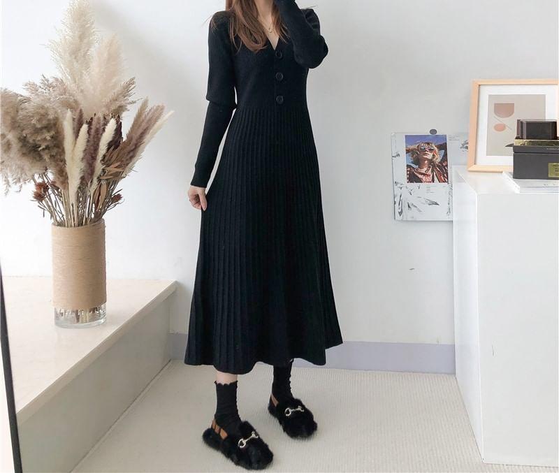 Long-Sleeve V-Neck Plain Ribbed Midi Knit Dress Product Image